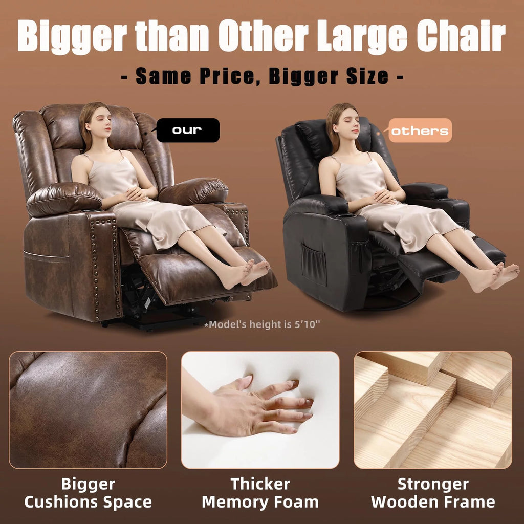 Brown Wide Breathable Leather Power Lift Recliner with Massage and Heat N131