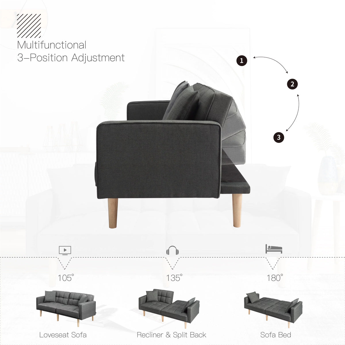 71.3 inch Futon Sofa Bed Convertible Sleeper Couch with 2 Pillows Navy Blue W198