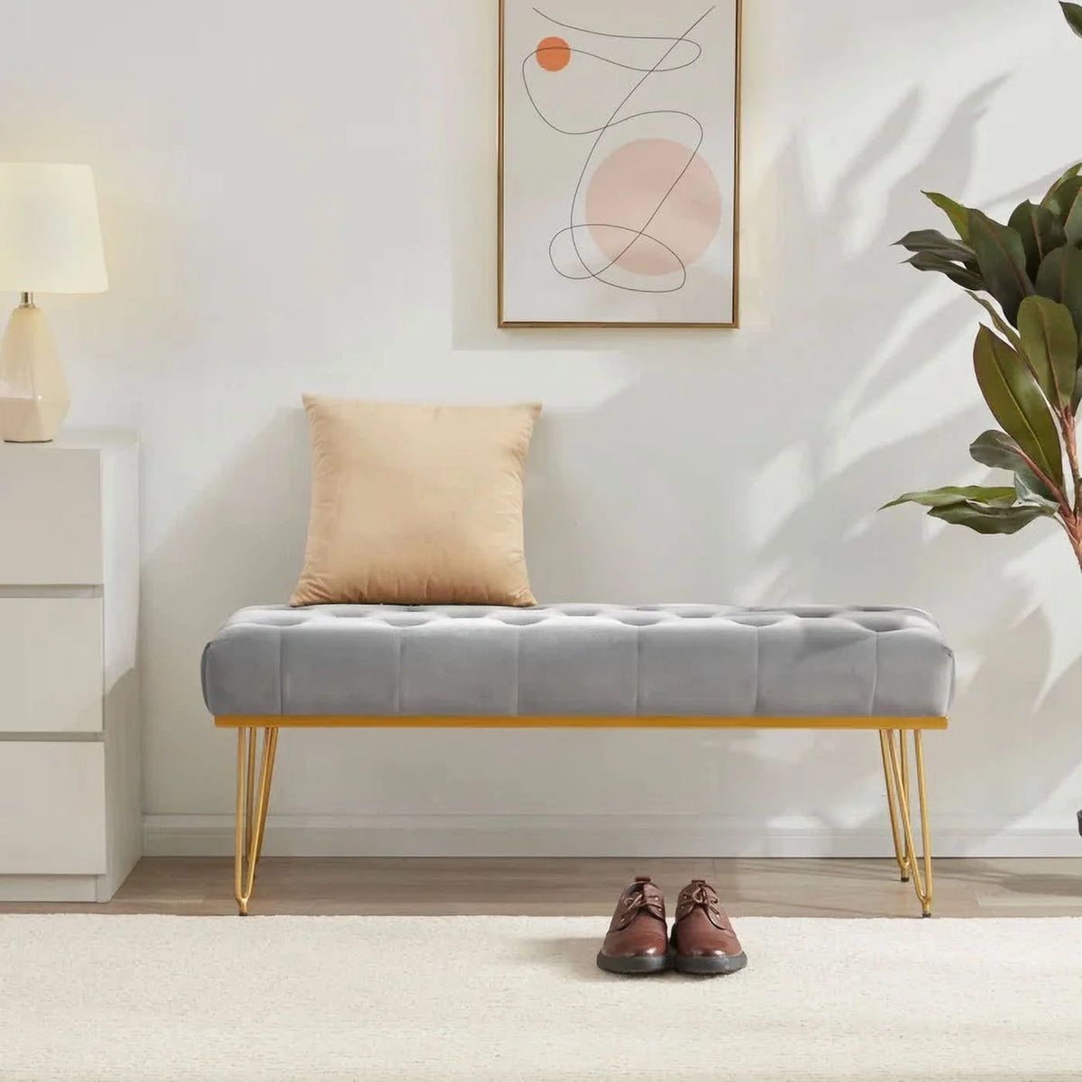 Gray and Golden Velvet Ottoman with Metal Base N241