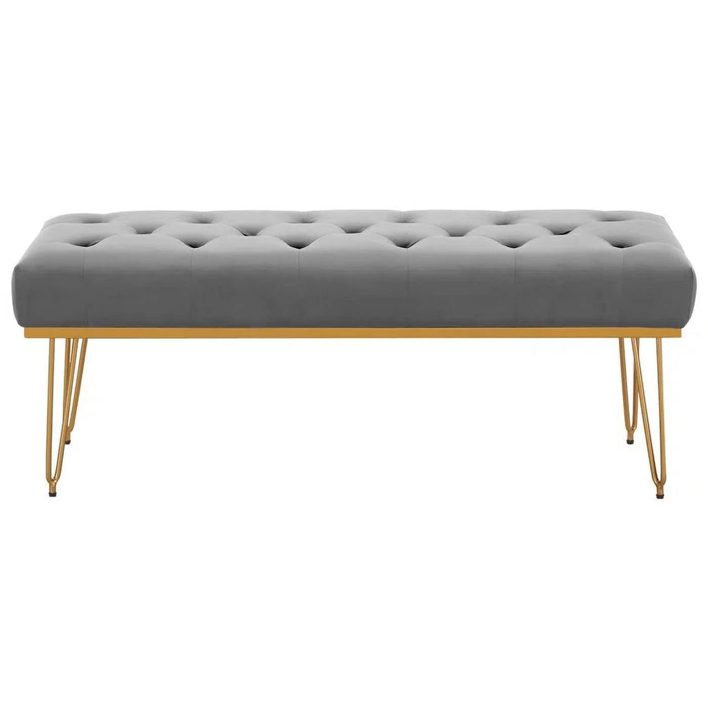 Gray and Golden Velvet Ottoman with Metal Base N241