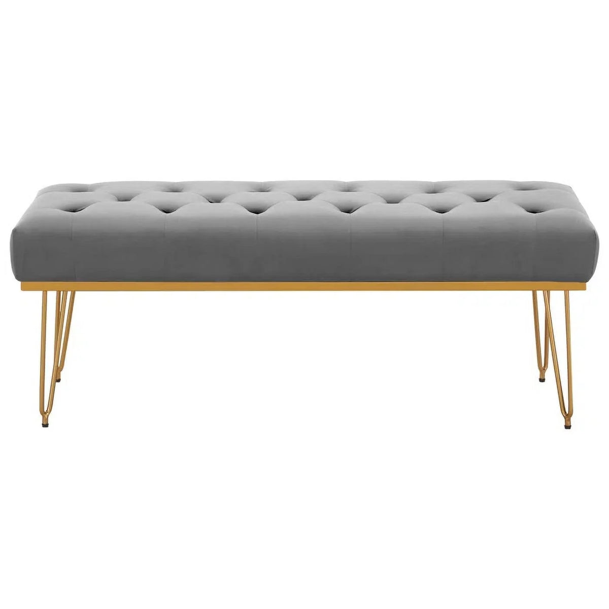 Gray and Golden Velvet Ottoman with Metal Base N241