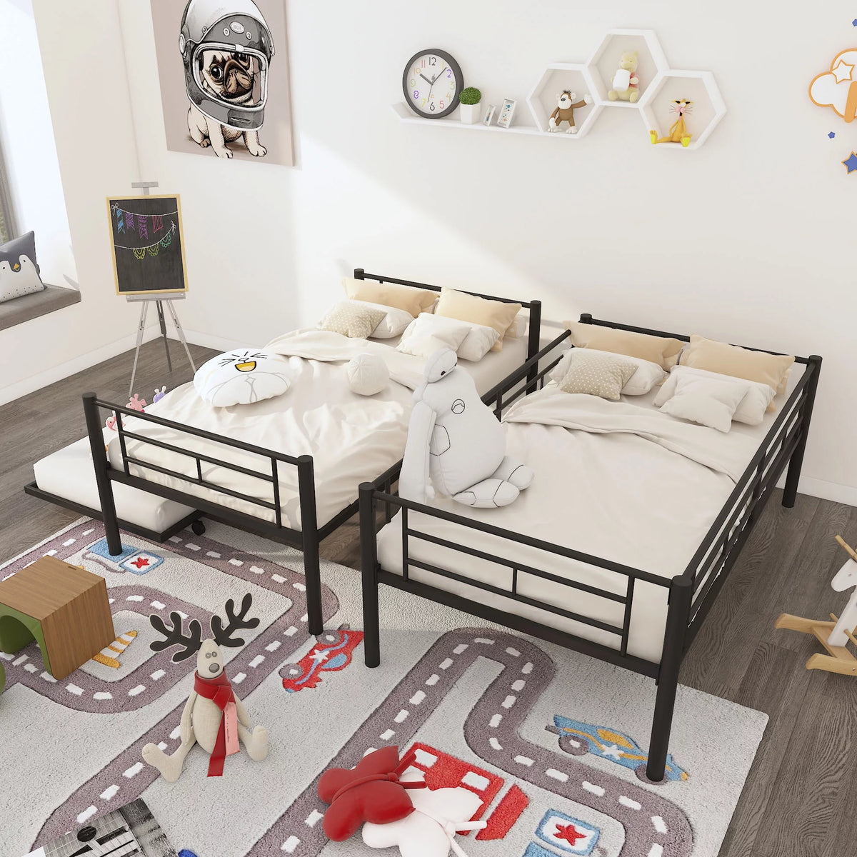 Twin Over Twin Metal Bunk Bed Frame with Trundle P274926