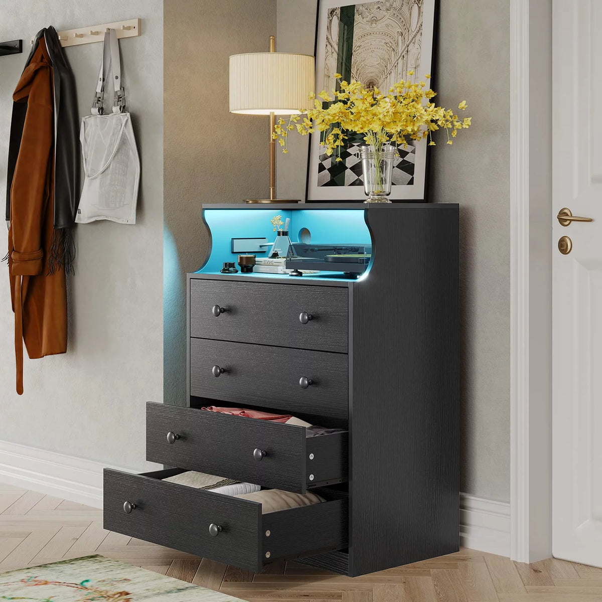 Black 4 Drawer Dresser with LED Lights and Charging Station A8695