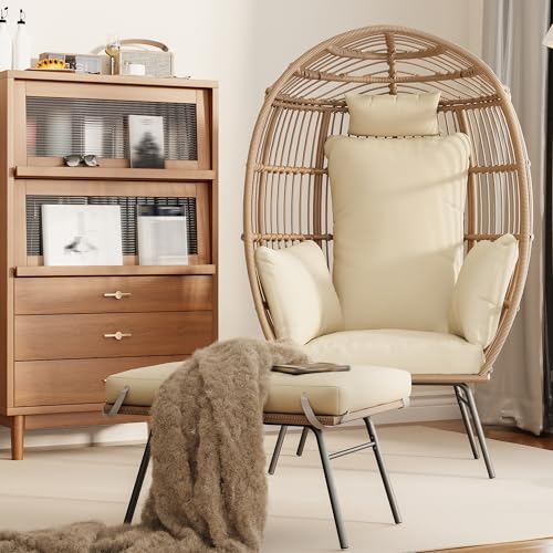 Oversized Grey Wicker Egg Chair with Ottoman I241301