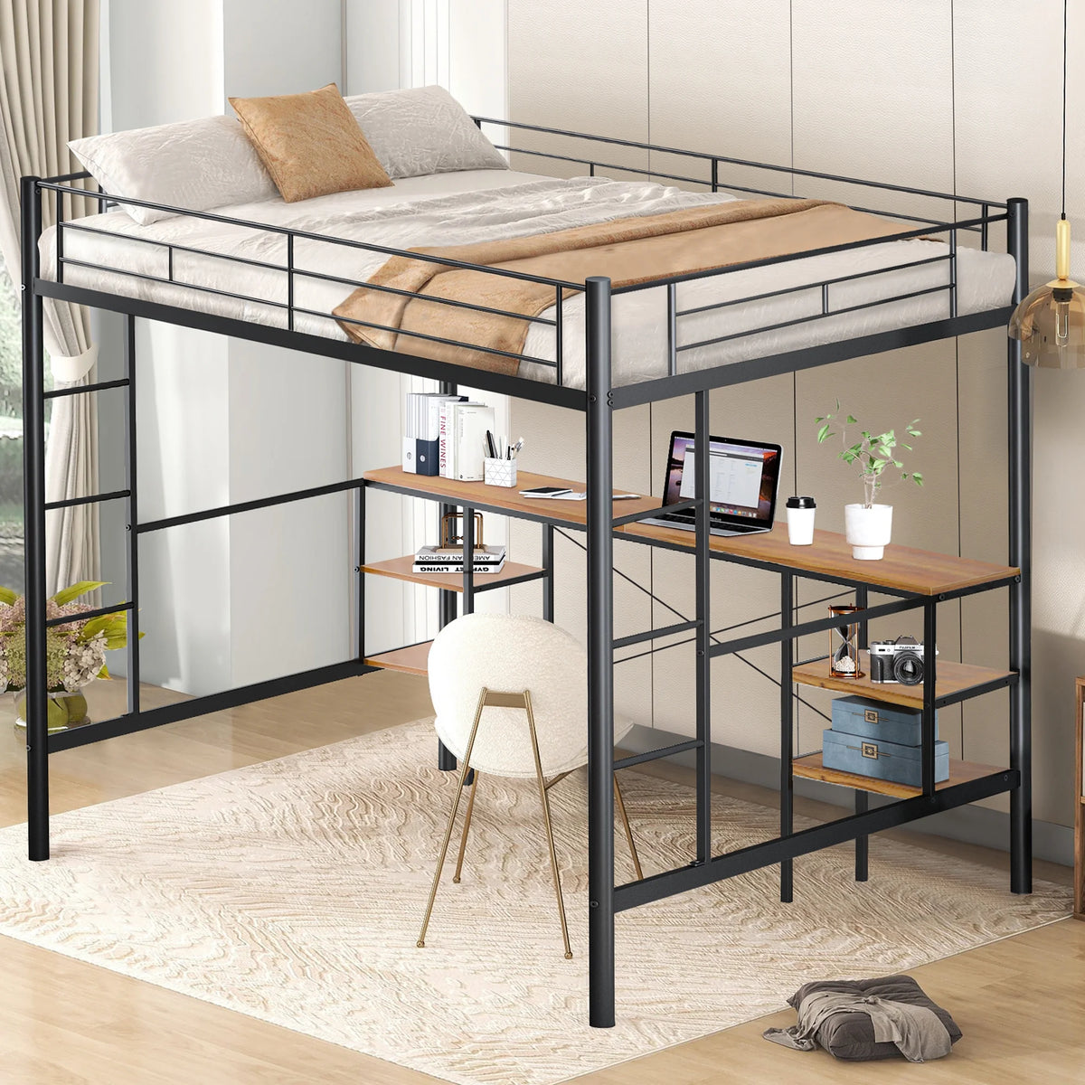 Black Twin Metal Loft Bed with Desk and 4 Shelves M286507