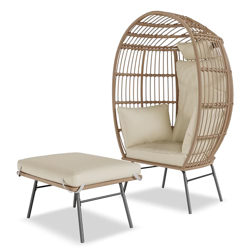 Oversized Grey Wicker Egg Chair with Ottoman I241301