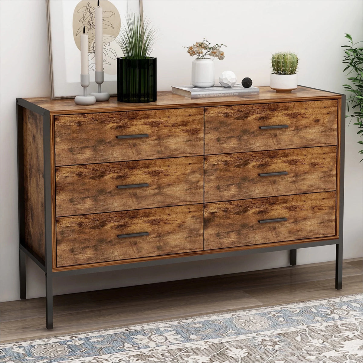 White 6 Drawer Rustic Wood Dresser L4651