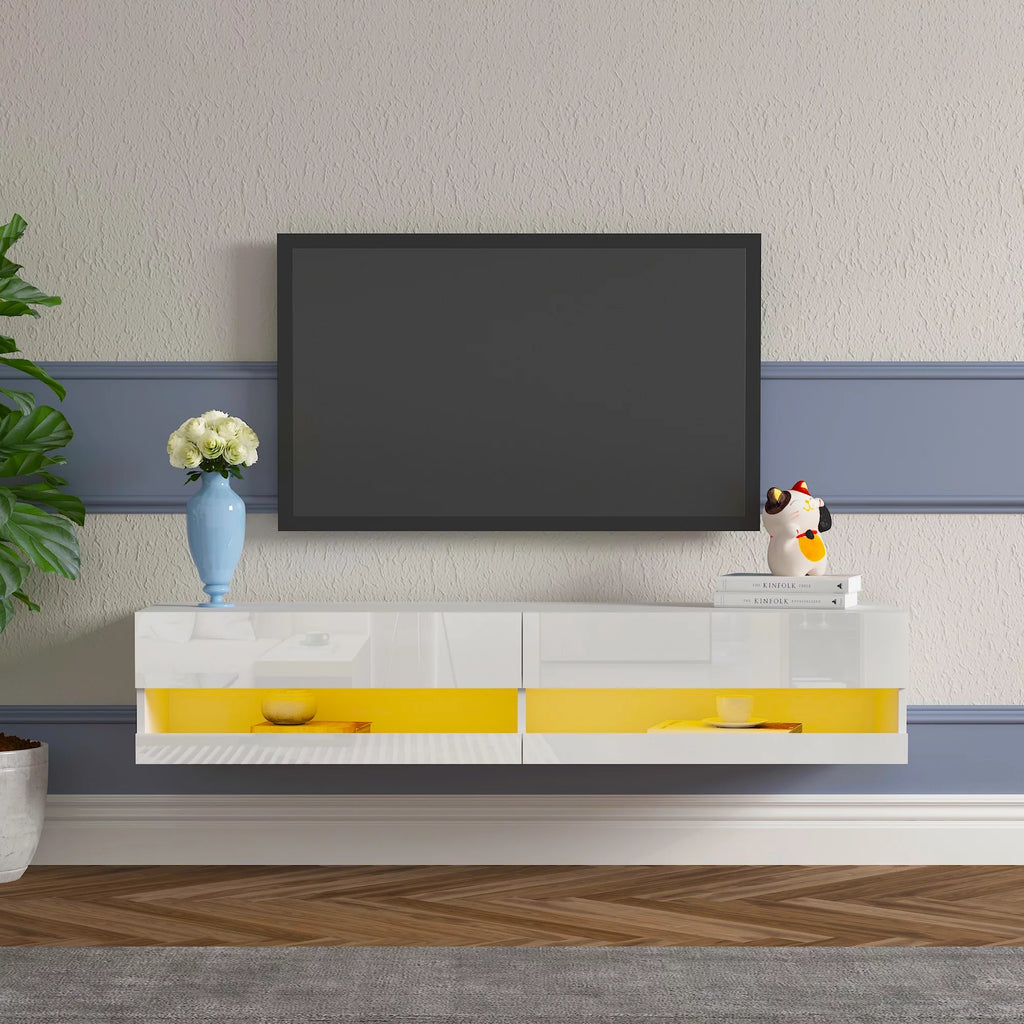 White High Gloss Wall Mounted TV Stand with LED Lights I436