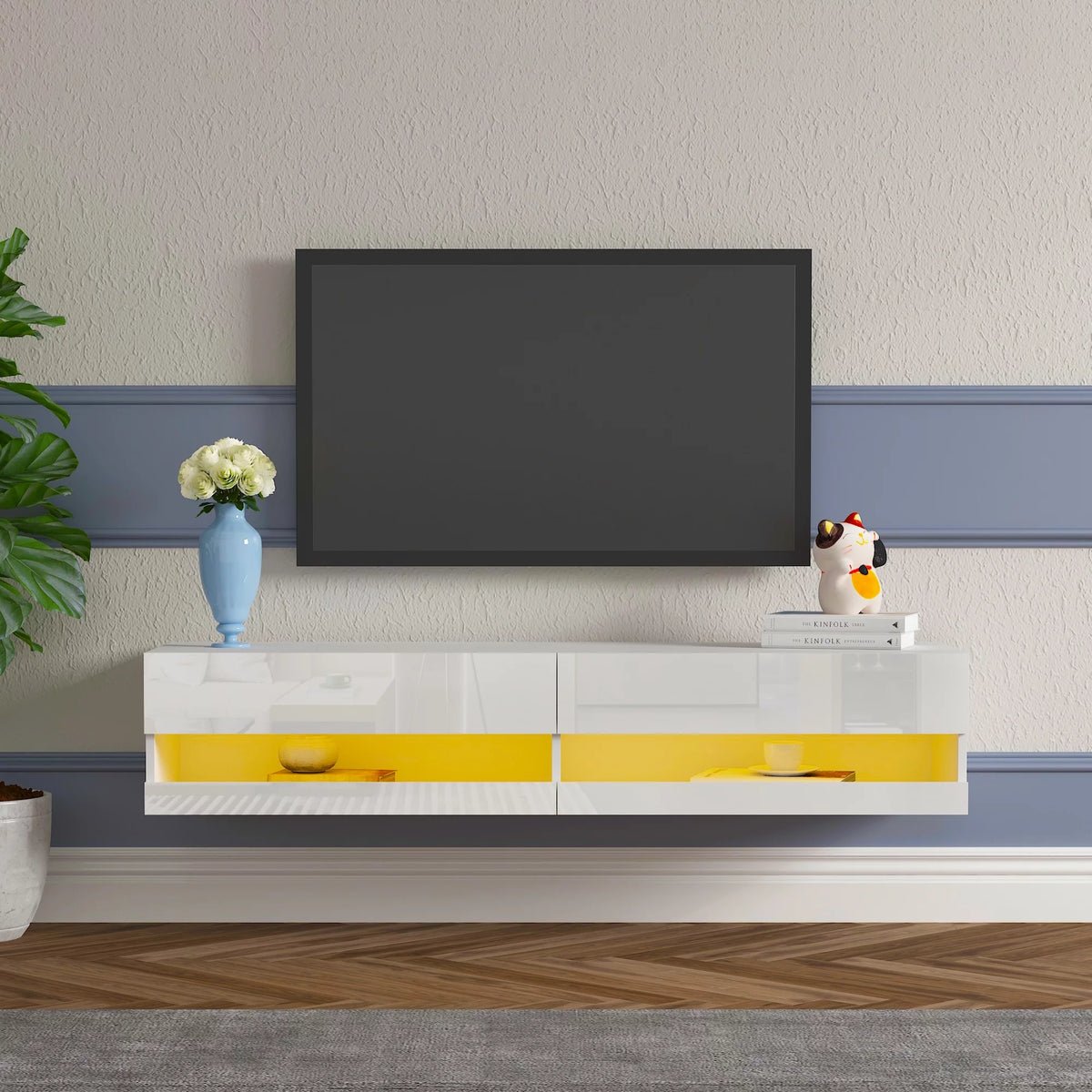 White High Gloss Wall Mounted TV Stand with LED Lights I436