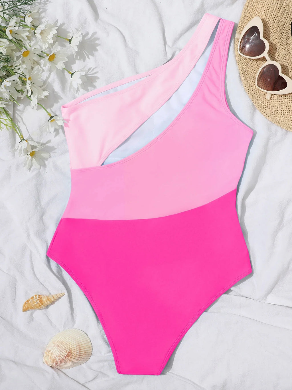One Piece Color Block One Shoulder Cut Out Swimsuit Hot Pink M M34089