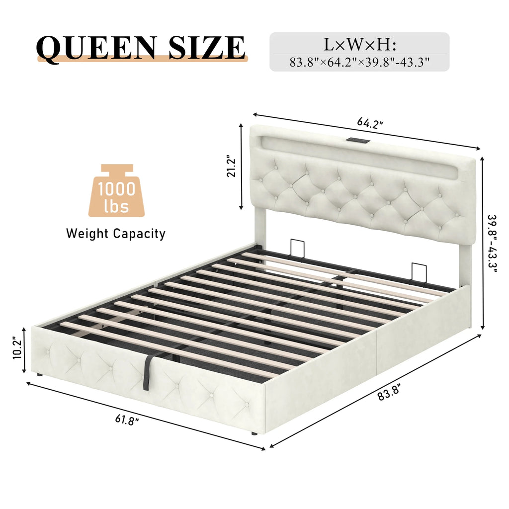 Queen Size Beige Velvet Upholstered Platform Bed Frame R1337