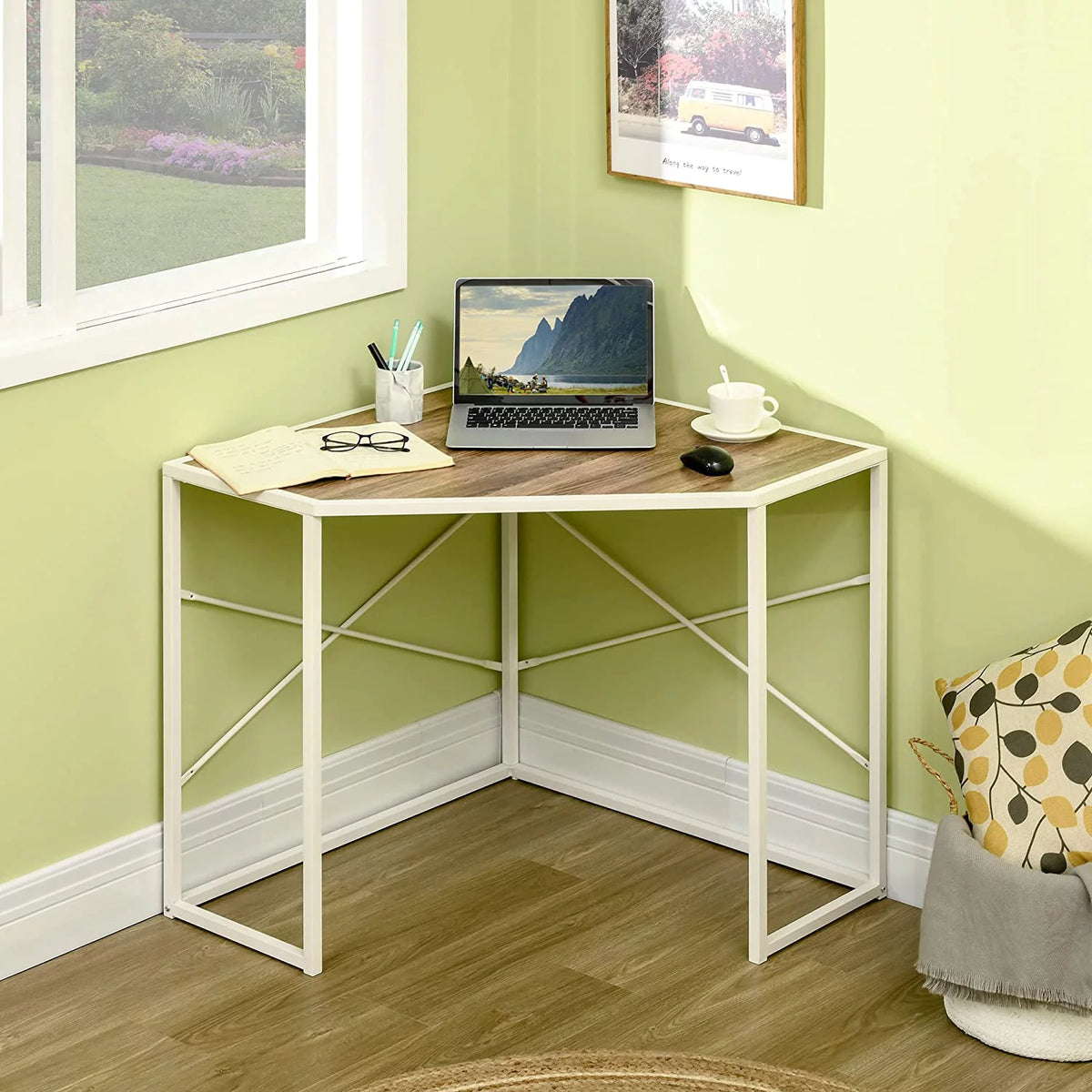 White Corner Computer Desk with Steel Frame B82563