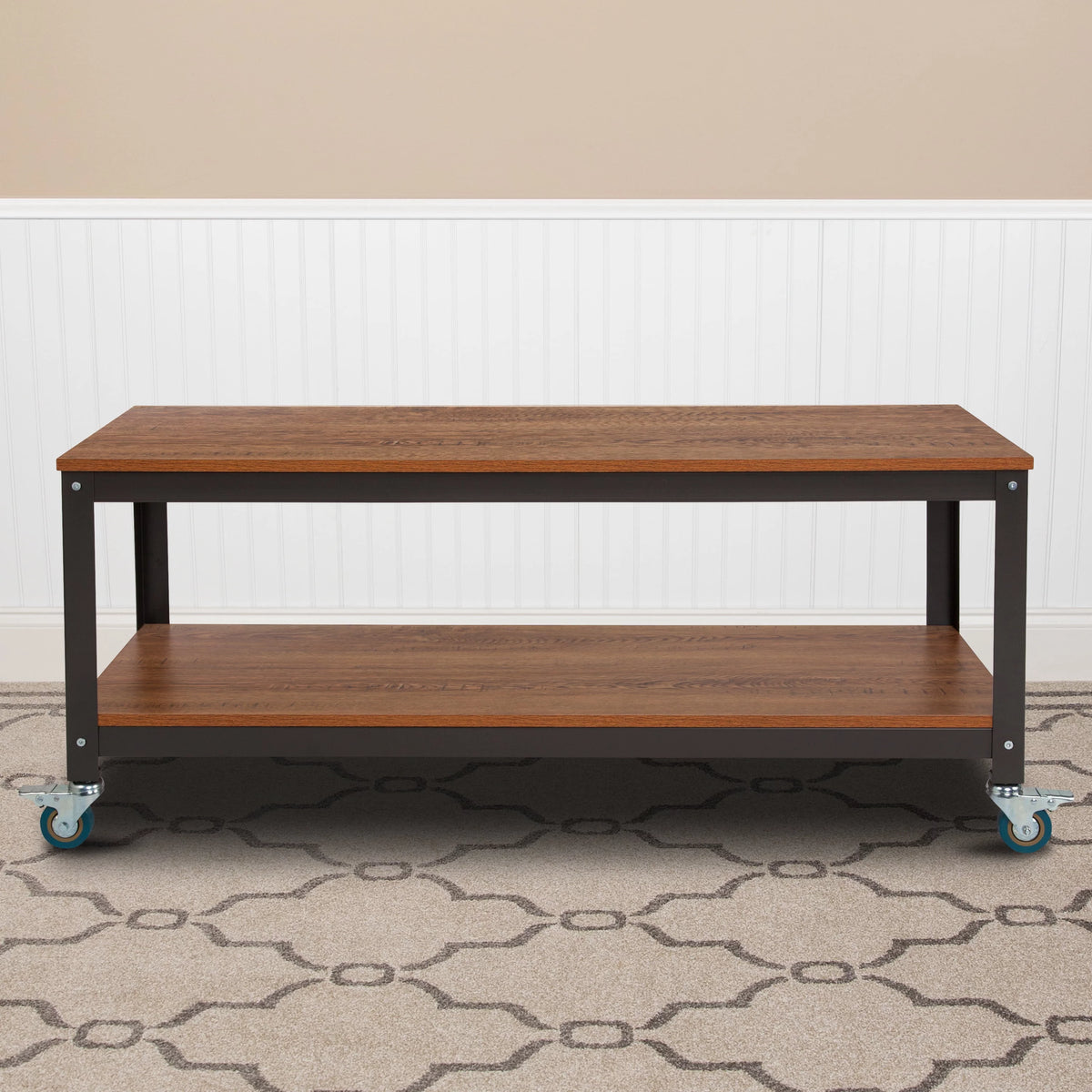 Brown Oak Wood Grain TV Stand with Metal Wheels I886293