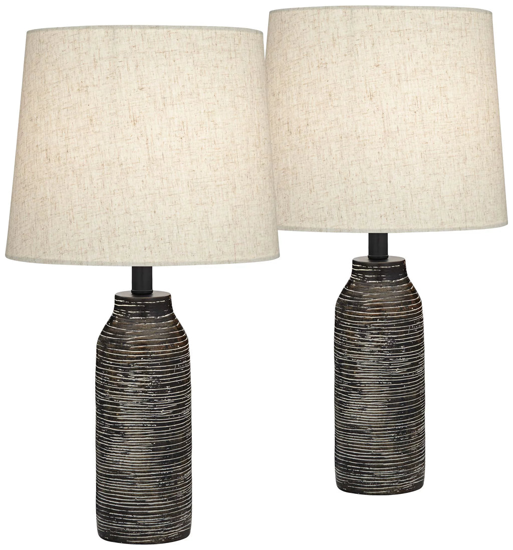 24" High Mid Century Modern Table Lamps Set of 2 Black Finish Oatmeal Shade J844