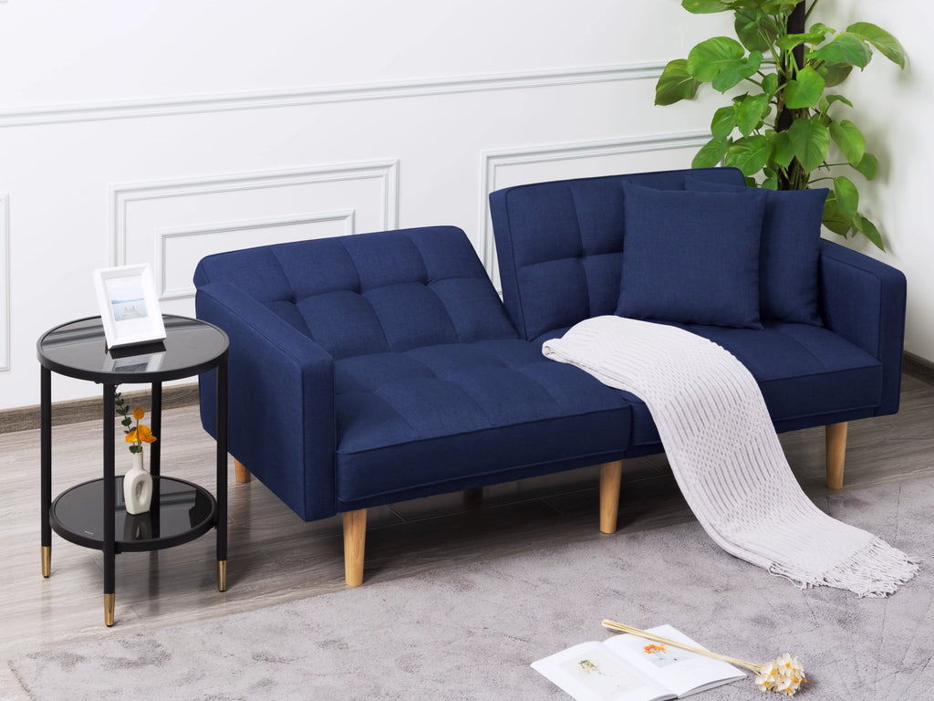 71.3 inch Futon Sofa Bed Convertible Sleeper Couch with 2 Pillows Navy Blue W198