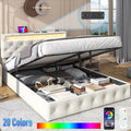 Queen Size Lift Up Storage Bed Frame LED Upholstered Platform Bed with Power Charging Station Velvet Button Tufted Headboard Beige W1958