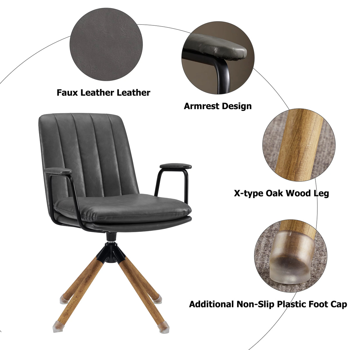 Gray Faux Leather Swivel Accent Chair with Oak Wood Legs I95543