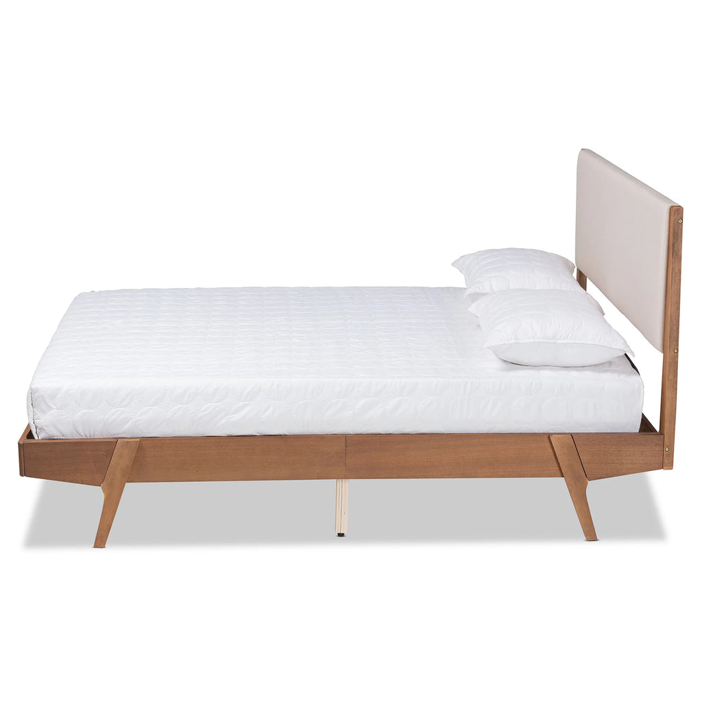 Beige Fabric Upholstered Walnut Brown Wood Queen Size Platform Bed Y237222
