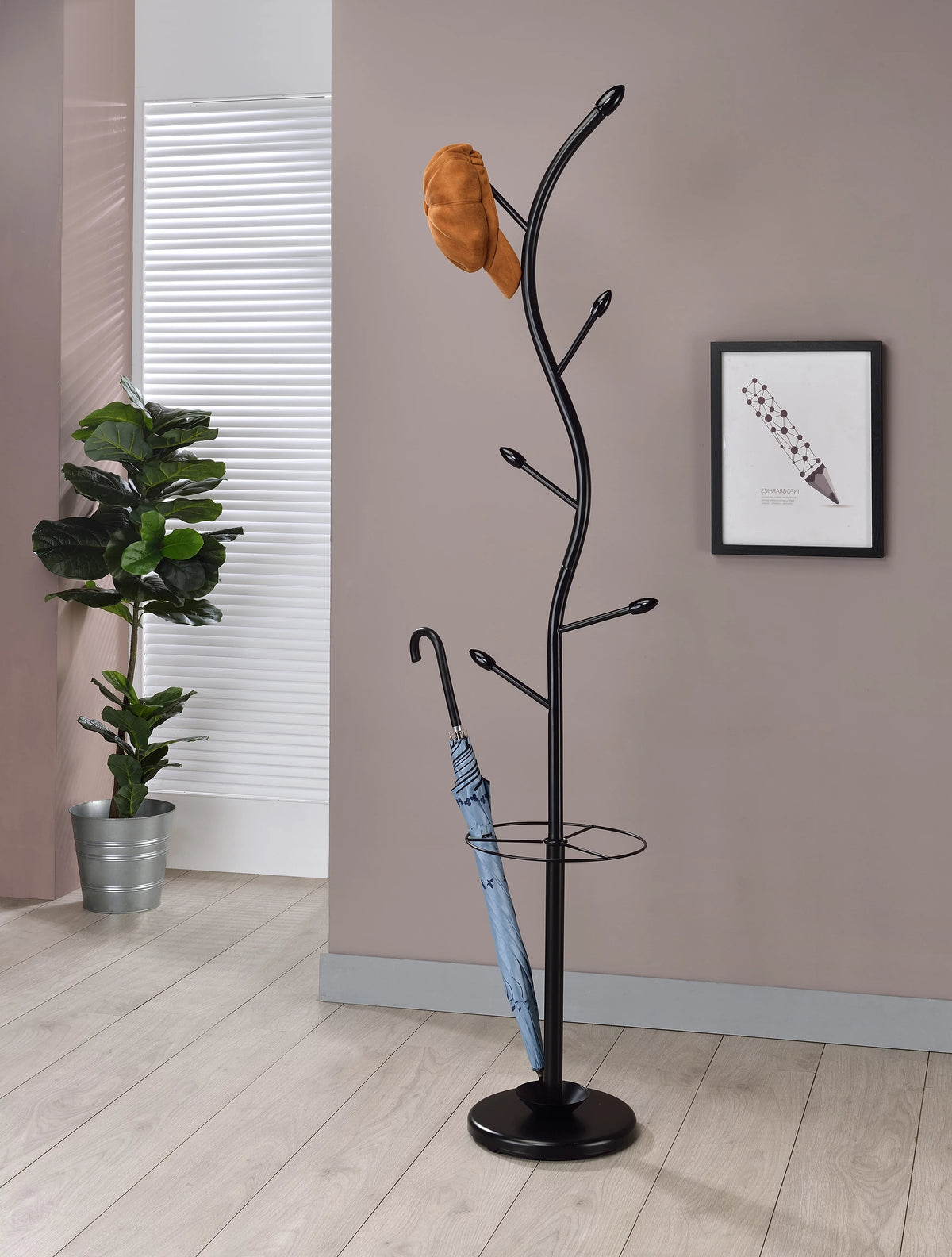 Black Metal Coat & Hat Rack with Umbrella Holder W9904