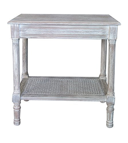Vintage Grey Side Table with Rattan Shelf M2911
