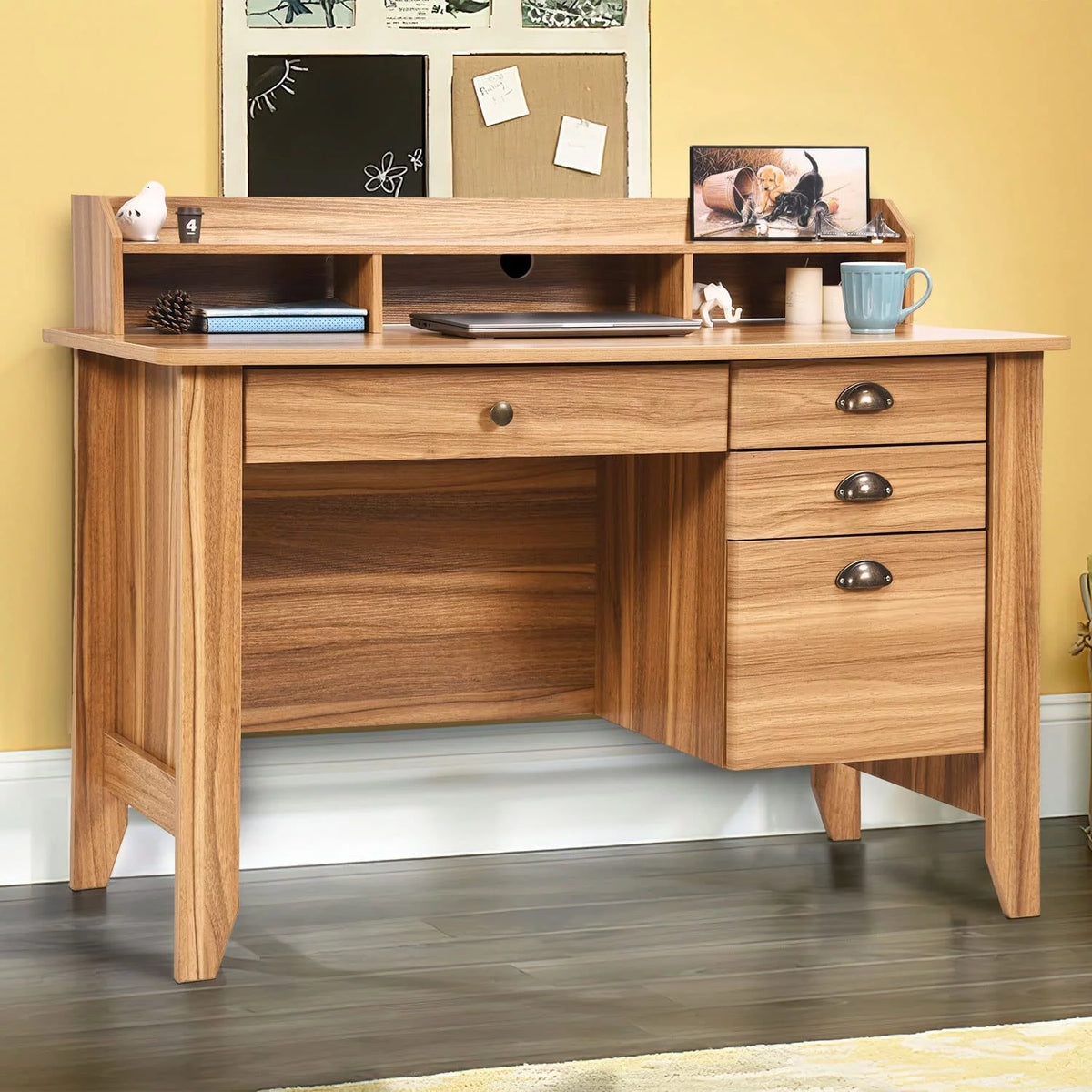 White Oak Computer Desk with Drawers and Hutch Shelf B487