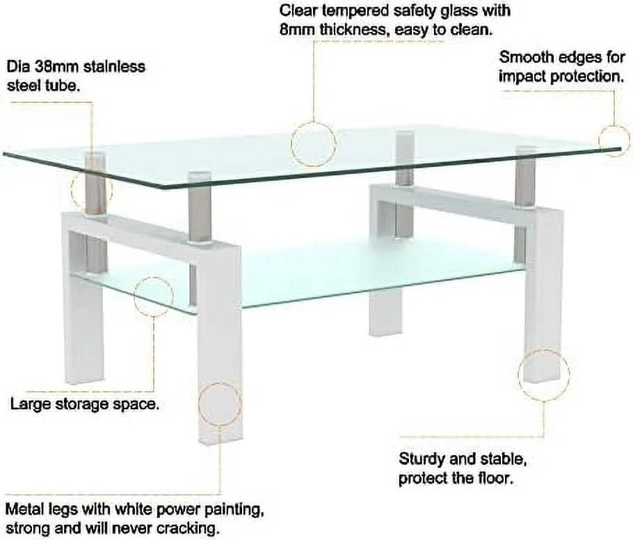 3 Piece Glass Coffee Table and End Tables Set with Tempered Glass Tabletop and Metal Frame S4216