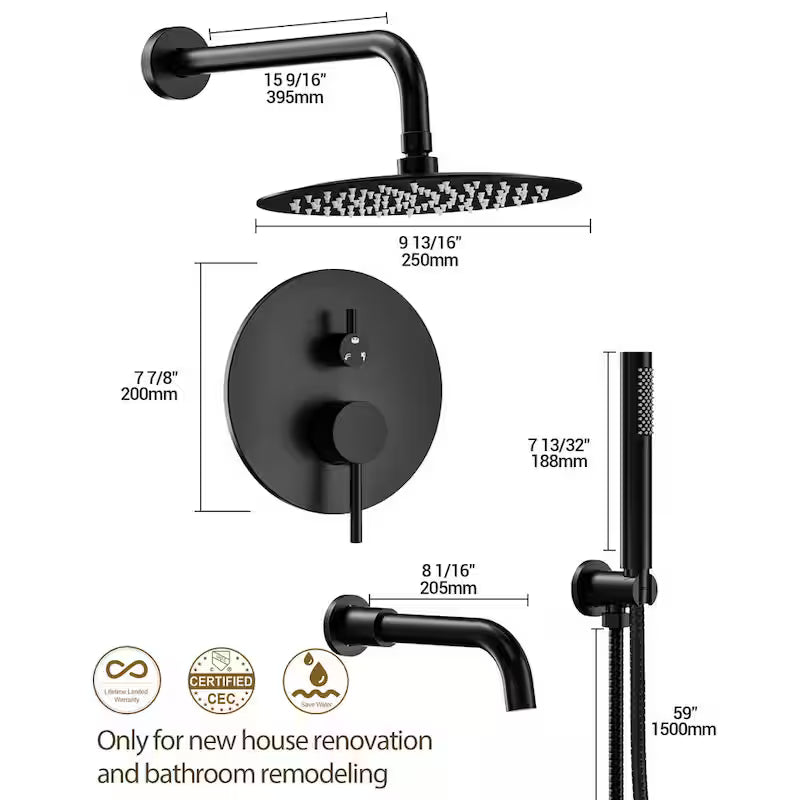 10 in. Wall Mount Shower Head and Tub Faucet 2.5 GPM Matte Black Z313147