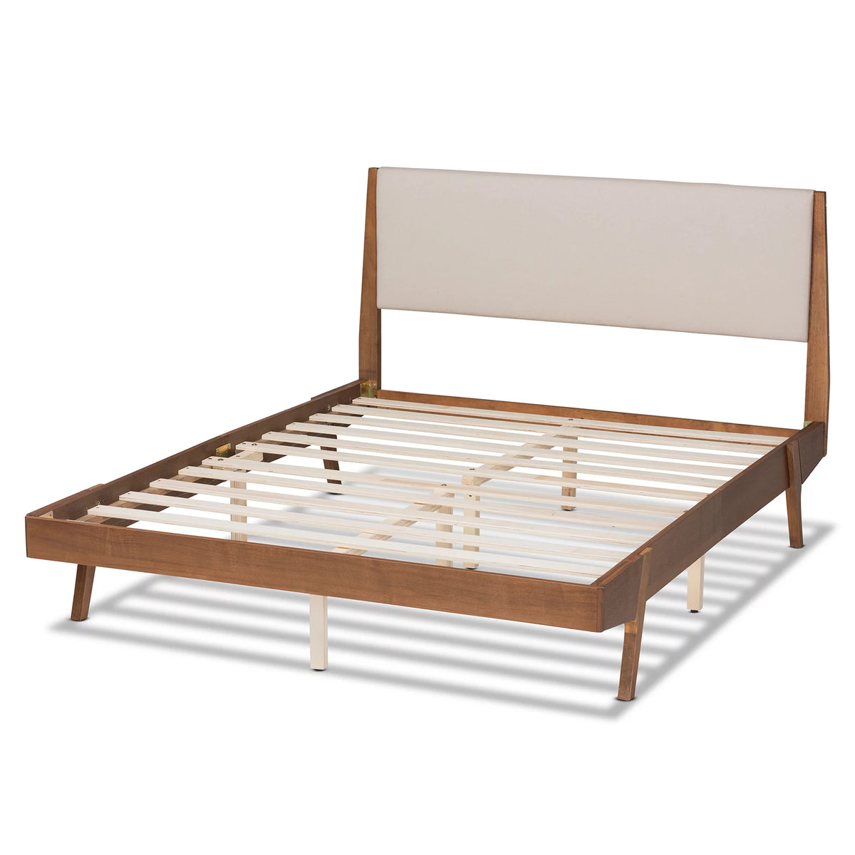 Beige Fabric Upholstered Walnut Brown Wood Queen Size Platform Bed Y237222