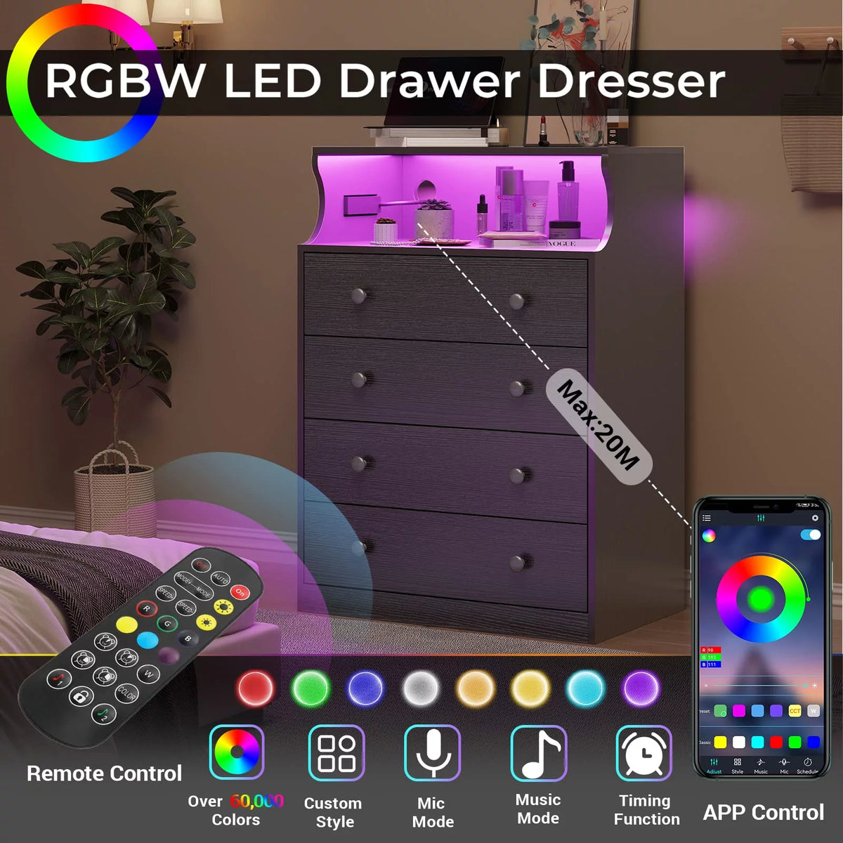 Black 4 Drawer Dresser with LED Lights and Charging Station A8695