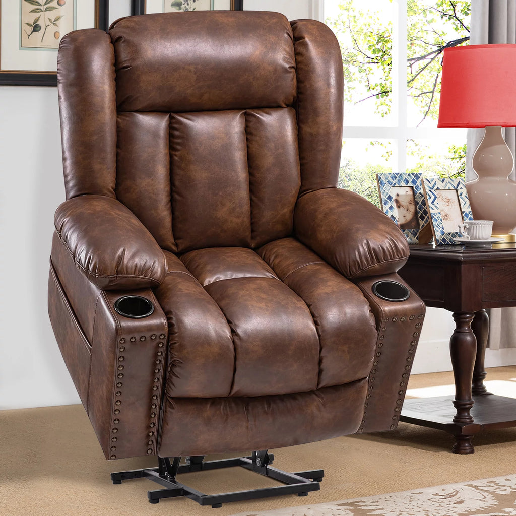 Brown Wide Breathable Leather Power Lift Recliner with Massage and Heat N131