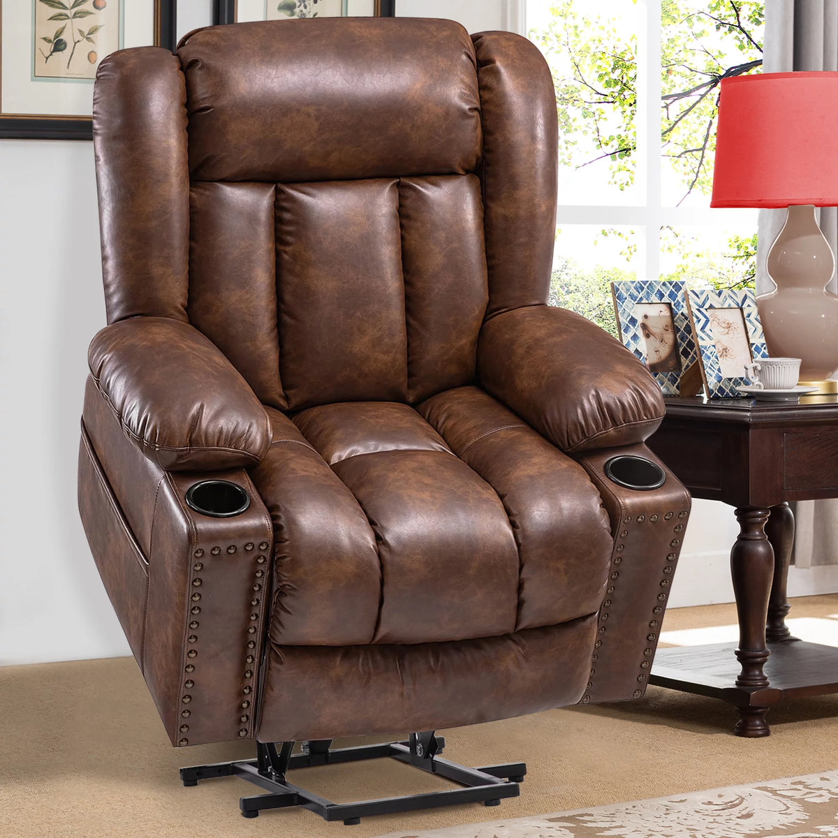 Brown Wide Breathable Leather Power Lift Recliner with Massage and Heat N131