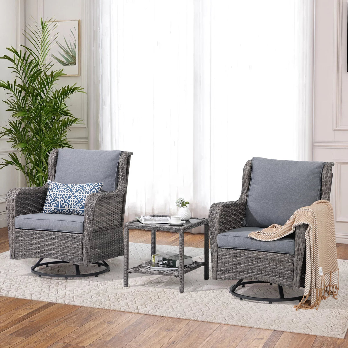 3 Pieces Wicker Swivel Rocking Chairs with Side Table G748653