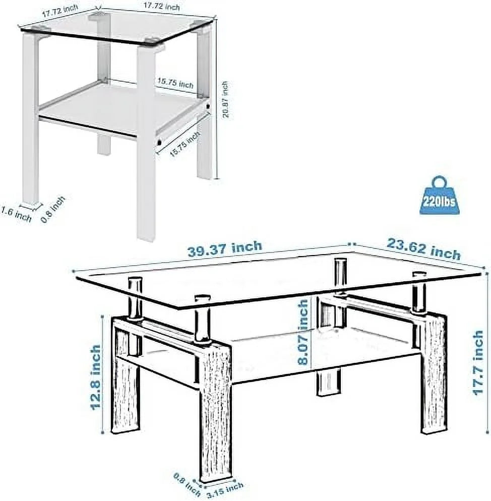 3 Piece Glass Coffee Table and End Tables Set with Tempered Glass Tabletop and Metal Frame S4216