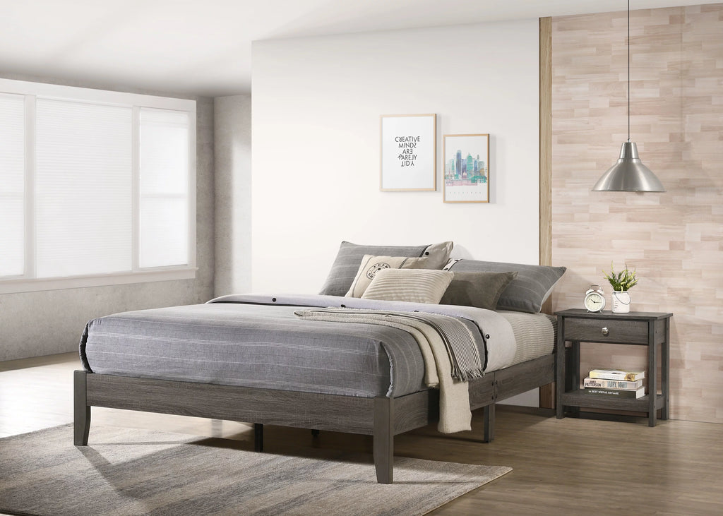 3pc Twin Size Platform Bed and Nightstand Set Gray Wooden L451