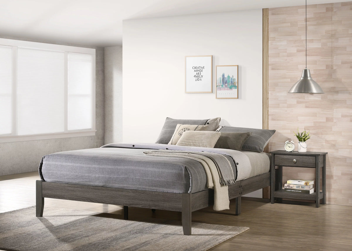 3pc Twin Size Platform Bed and Nightstand Set Gray Wooden L451