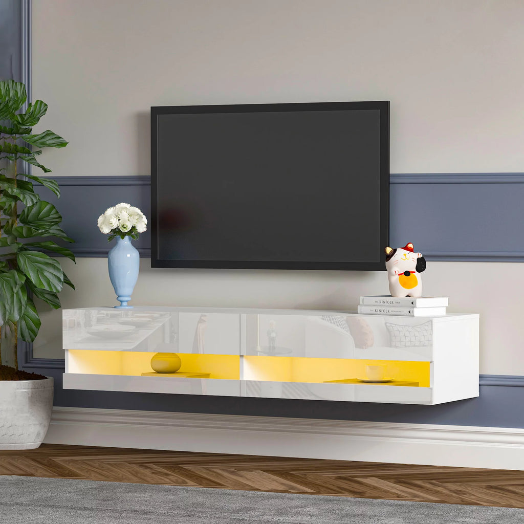 White High Gloss Wall Mounted TV Stand with LED Lights I436