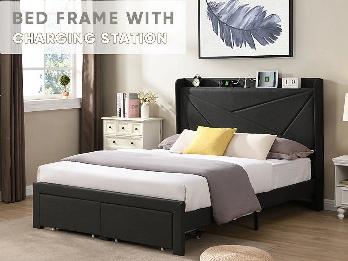 Queen Size Bed Frame with 2 Storage Drawers Dark Gray K19704