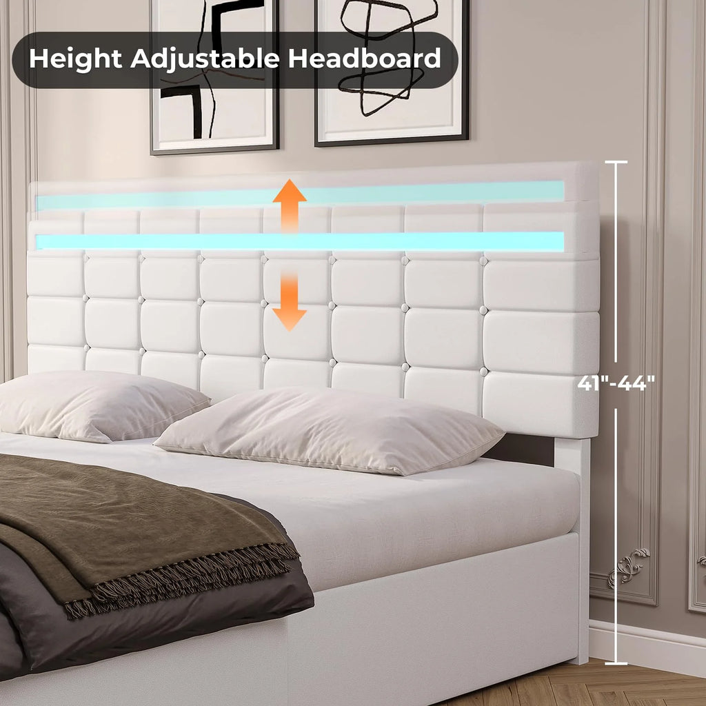 King Bed Frame with Storage Drawers, LED Lights, USB Port, White T703652
