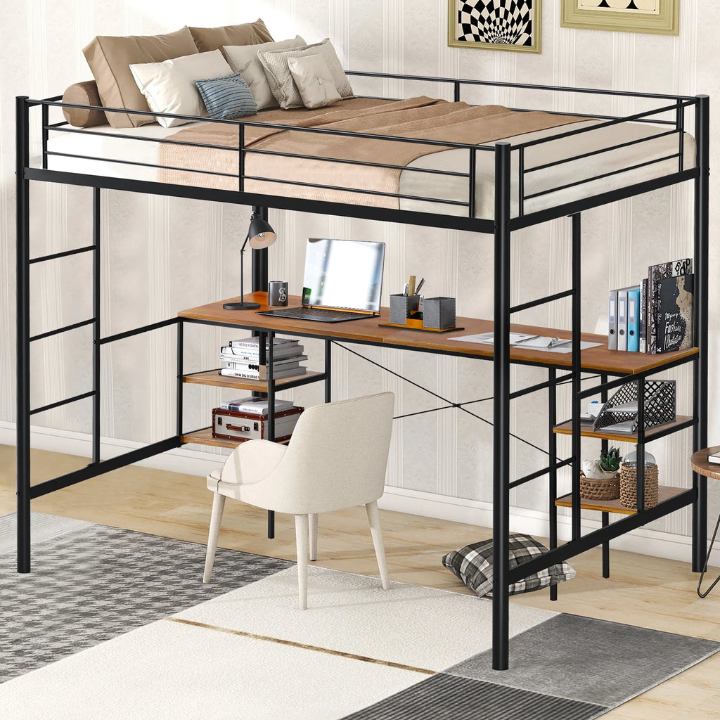 Black Twin Metal Loft Bed with Desk and 4 Shelves M286507