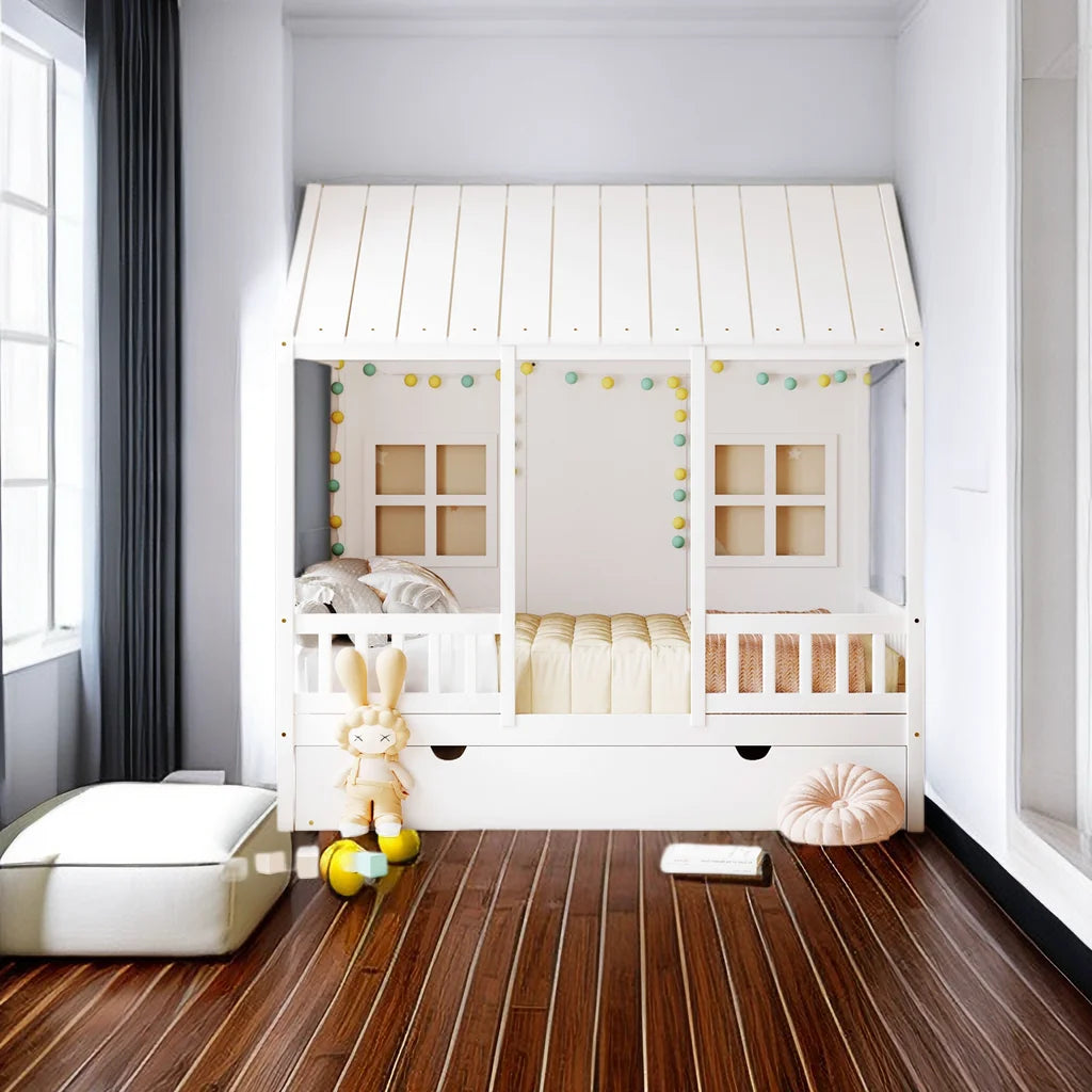 Full Size Wood House Bed with Twin Trundle V640
