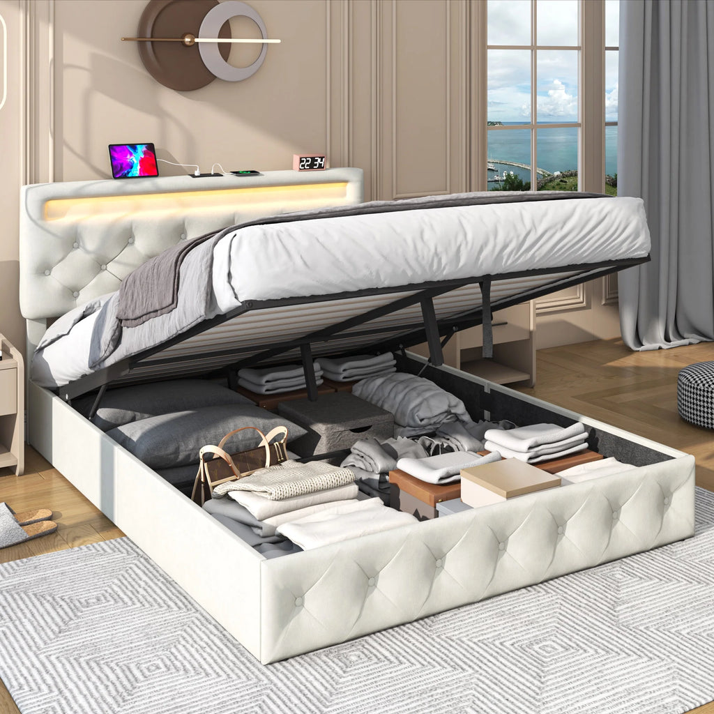 Queen Size Beige Velvet Upholstered Platform Bed Frame R1337