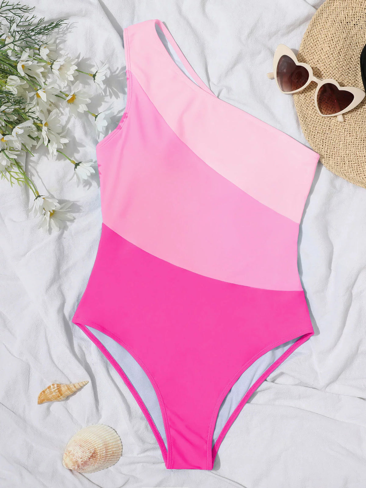 One Piece Color Block One Shoulder Cut Out Swimsuit Hot Pink M M34089