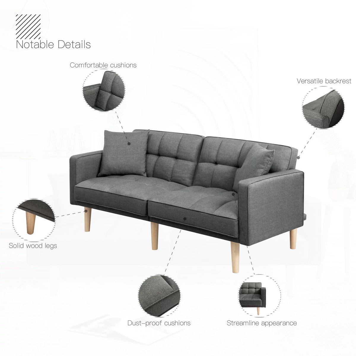 71.3 inch Futon Sofa Bed Convertible Sleeper Couch with 2 Pillows Navy Blue W198