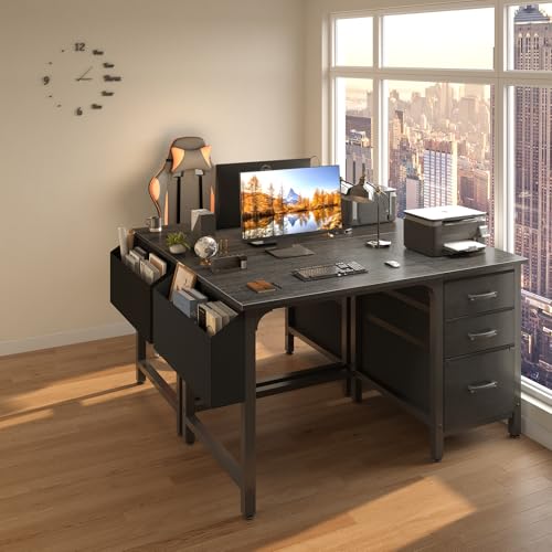 White 55 Inch Computer Desk with Fabric File Drawers Cabinet Y59845