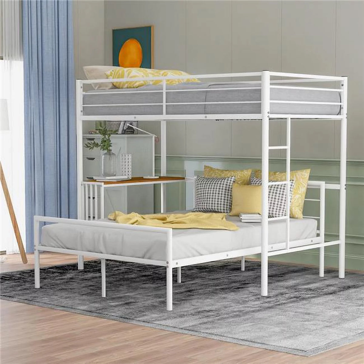 White Twin Over Full Size Metal Bunk Bed with Desk D905