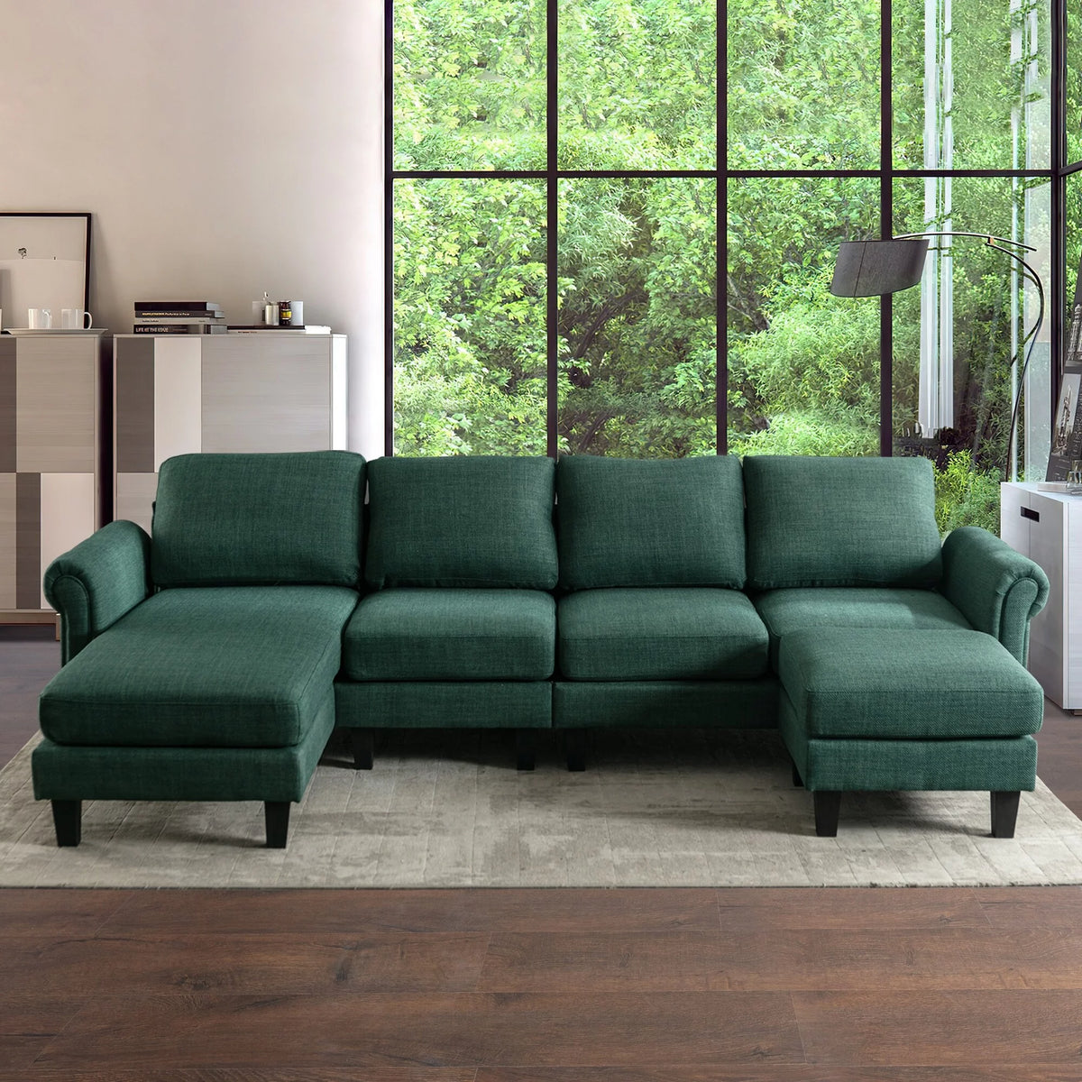 Charcoal Grey U-Shaped Sectional Couch with Chaise and Ottoman D788