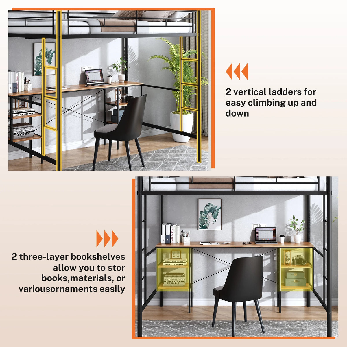 Black Twin Metal Loft Bed with Desk and 4 Shelves M286507