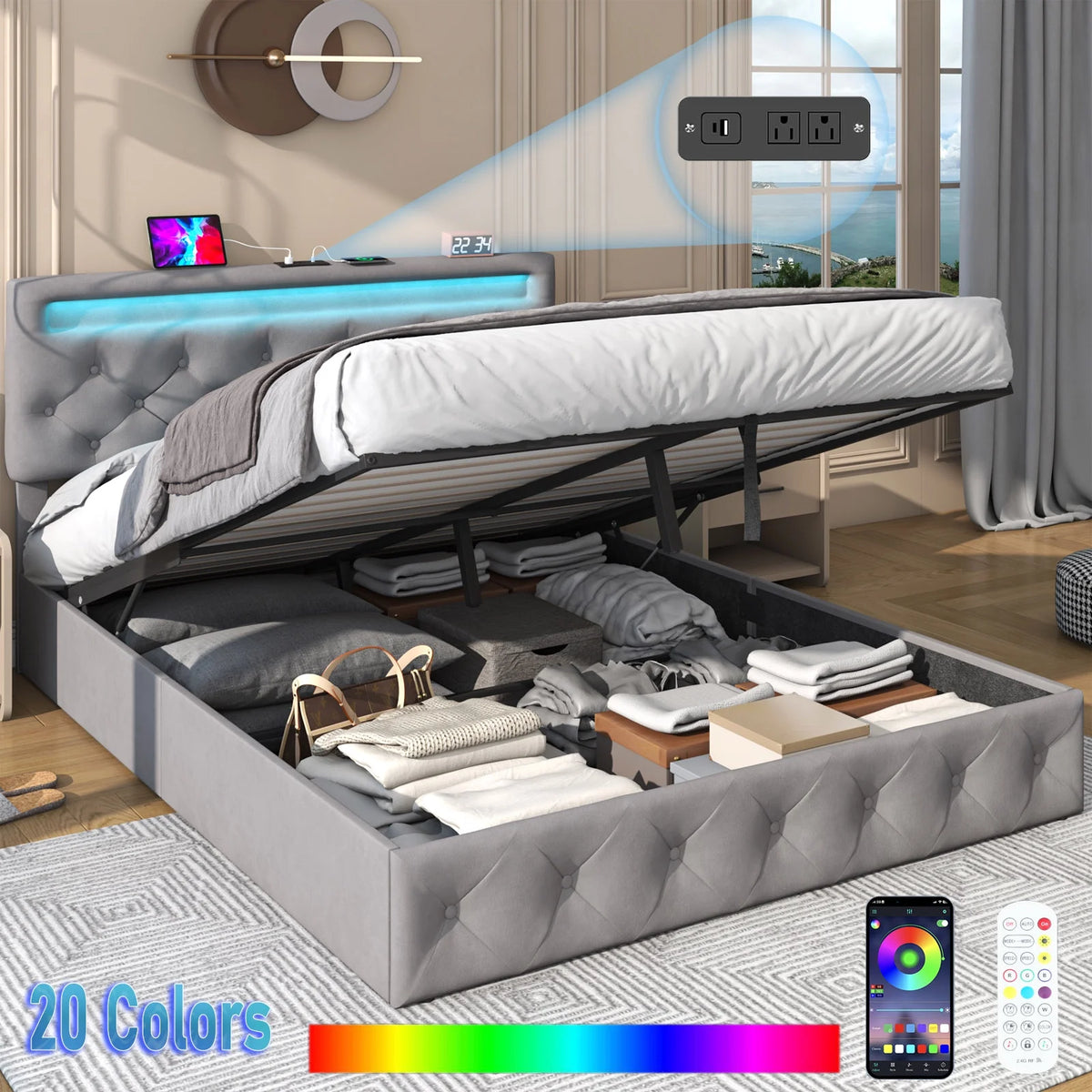 Queen Size Beige Velvet Upholstered Platform Bed Frame R1337