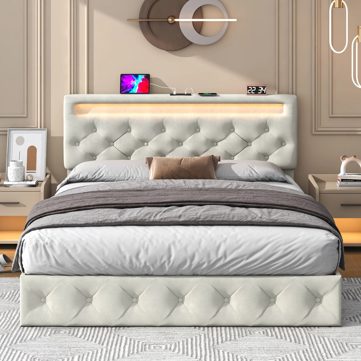 Queen Size Beige Velvet Upholstered Platform Bed Frame R1337