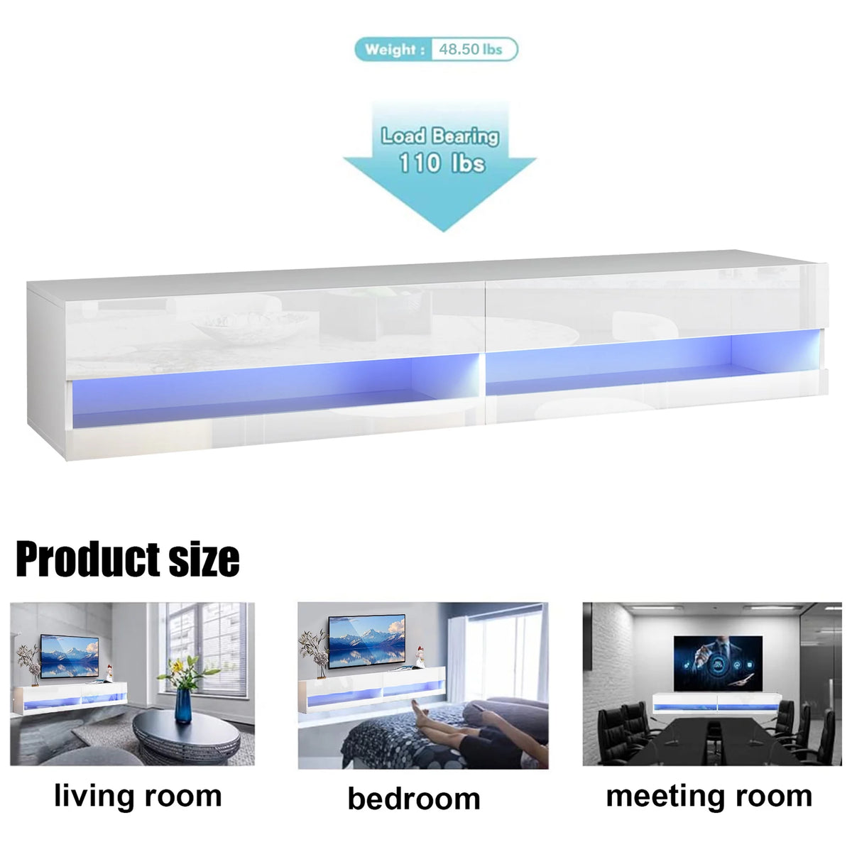 White High Gloss Wall Mounted TV Stand with LED Lights I436